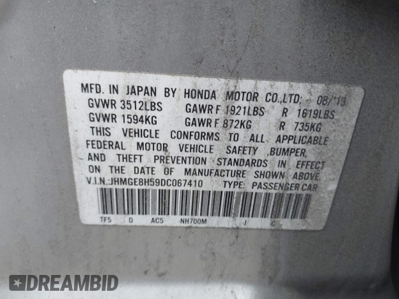 2013 Honda Fit Sport с VIN JHMGE8H59DC067410, выставлен на аукционе IAAI как лот 42319096 с пробегом 149 779 миль миль и . История ставок и продаж доступна на DreamBid. Изображение 9.