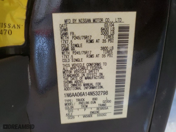 2004 Nissan Titan XE with VIN 1N6AA06A14N532798, listed as a Copart auction lot 46052165 with 254,435 mi miles and Salvage Title. Bid and sale history available at carsss.com. Image 12.