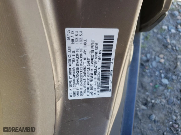 2005 Honda CR-V LX with VIN JHLRD78585C053798, listed as a Copart auction lot 50341005 with 200,839 mi miles and Salvage Title. Bid and sale history available at carsss.com. Image 13.