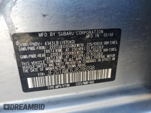 2018 Subaru Crosstrek Limited z VIN JF2GTAMC6J8286098, wystawiony jako Copart lot #46477435 z przebiegiem 90 375 mil mil oraz Szkoda całkowita • Salvage title. Historia ofert i sprzedaży dostępna na DreamBid. Obrazek 12.