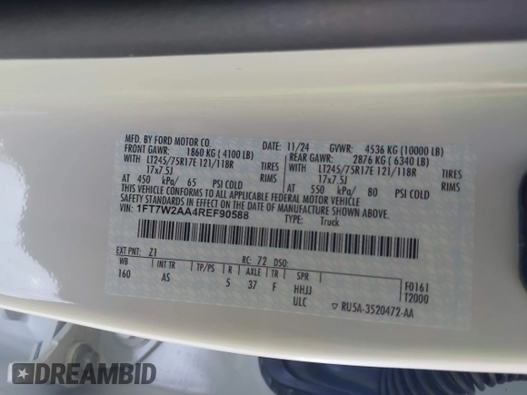 2024 Ford F-250 XL с VIN 1FT7W2AA4REF90588, выставлен на аукционе IAAI как лот 42510225 с пробегом 925 миль миль и . История ставок и продаж доступна на DreamBid. Изображение 9.