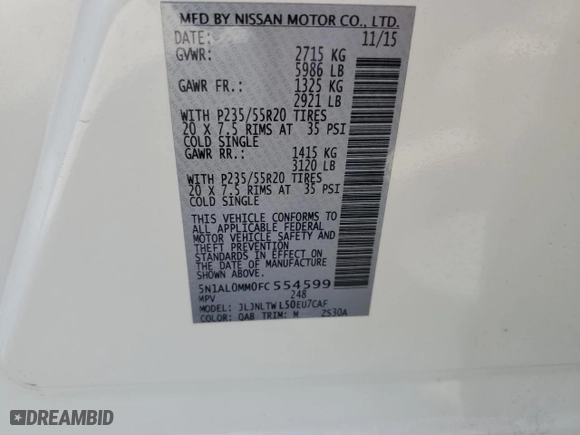 2015 Infiniti QX60 with VIN 5N1AL0MM0FC554599, listed as a Copart auction lot 43804455 with NaN miles and Clean Title. Bid and sale history available at carsss.com. Image 14.