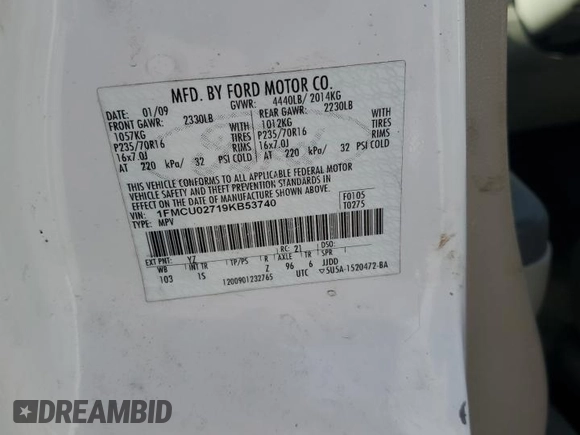2009 Ford Escape XLS with VIN 1FMCU02719KB53740, listed as a Copart auction lot 55210035 with 144,672 mi miles and Salvage title. Bid and sale history available at DreamBid. Image 12.