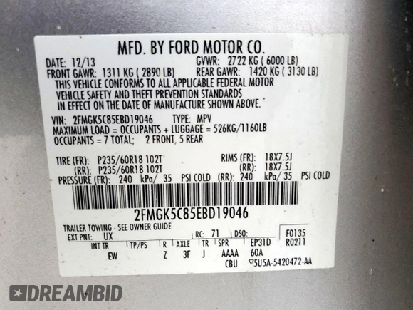 2014 Ford Flex SEL z VIN 2FMGK5C85EBD19046, wystawiony jako Copart lot #55405415 z przebiegiem 105 796 mil mil oraz Szkody całkowita. Historia ofert i sprzedaży dostępna na DreamBid. Obrazek 13.