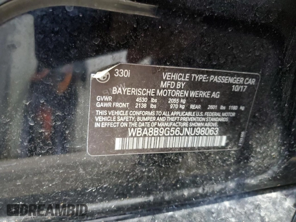 2018 BMW 3 Series 330i with VIN WBA8B9G56JNU98063, listed as a Copart auction lot 48202215 with 38,782 mi miles and Salvage title. Bid and sale history available at DreamBid. Image 14.