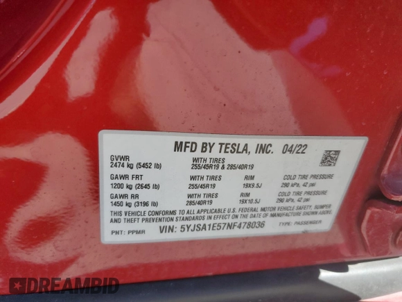2022 Tesla Model S with VIN 5YJSA1E57NF478036, listed as a Copart auction lot 42147205 with 44,576 mi miles and Salvage title. Bid and sale history available at DreamBid. Image 15.