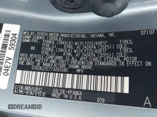 2007 Toyota Sienna XLE z VIN 5TDZK22C77S093580, wystawiony jako IAAI lot #42258590 z przebiegiem 191 274 mil mil oraz . Historia ofert i sprzedaży dostępna na DreamBid. Obrazek 9.