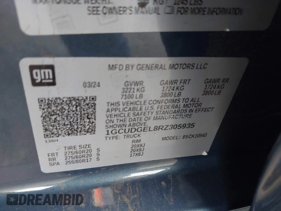 2024 Chevrolet Silverado 1500 LTZ with VIN 1GCUDGEL8RZ305935, listed as a IAAI auction lot 41946168 with 17,699 mi miles and . Bid and sale history available at DreamBid. Image 9.