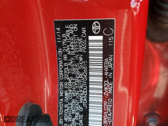 2015 Toyota Prius Four with VIN JTDKN3DU1F0426815, listed as a Copart auction lot 58793525 with 139,802 mi miles and Salvage title. Bid and sale history available at DreamBid. Image 12.