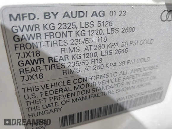 2023 Audi Q3 S line Premium with VIN WA1DECF32P1089395, listed as a IAAI auction lot 42726165 with 48,093 mi miles and . Bid and sale history available at DreamBid. Image 9.