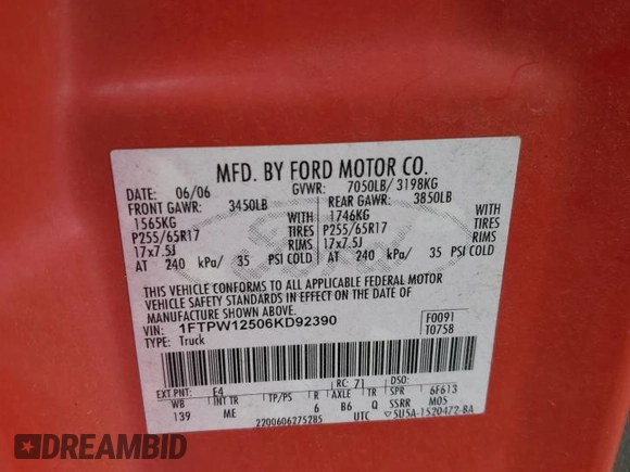 2006 Ford F-150 XLT with VIN 1FTPW12506KD92390, listed as a Copart auction lot 58854425 with Not provided miles and Salvage title. Bid and sale history available at DreamBid. Image 12.