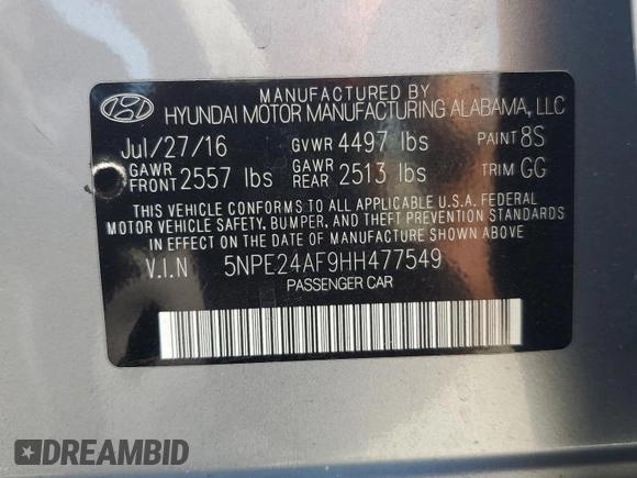 2017 Hyundai Sonata SE z VIN 5NPE24AF9HH477549, wystawiony jako Copart lot #57172315 z przebiegiem 130 643 mil mil oraz Szkoda całkowita • Salvage title. Historia ofert i sprzedaży dostępna na DreamBid. Obrazek 12.