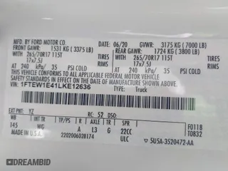 2020 Ford F-150 XL with VIN 1FTEW1E41LKE12636, listed as a IAAI auction lot 41725868 with 137,584 mi miles. Bid and sale history available at carsss.com. Image 9.