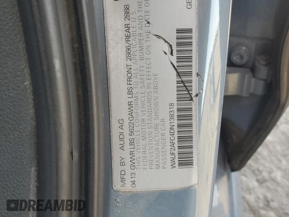 2013 Audi S6 Prestige with VIN WAUF2AFC4DN138318, listed as a Copart auction lot 52051465 with 0 mi miles and Salvage Title. Bid and sale history available at carsss.com. Image 13.