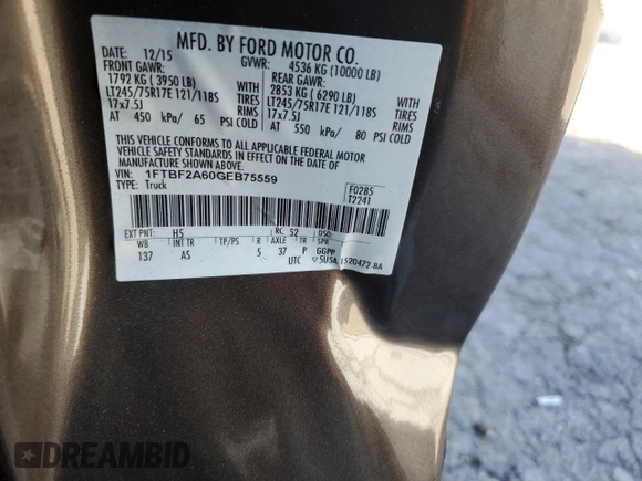 2016 Ford Super Duty F-250 SRW XL with VIN 1FTBF2A60GEB75559, listed as a Copart auction lot 69056314 with 0 mi miles and Salvage Title. Bid and sale history available at carsss.com. Image 14.