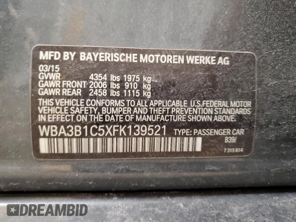 2015 BMW 3 Series 320i with VIN WBA3B1C5XFK139521, listed as a Copart auction lot 50147955 with 82,701 mi miles and Clean Title. Bid and sale history available at carsss.com. Image 14.