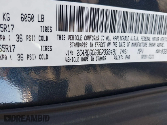 2014 Dodge Grand Caravan SXT with VIN 2C4RDGCG3ER339491, listed as a IAAI auction lot 41744826 with 146,757 mi miles and . Bid and sale history available at DreamBid. Image 9.