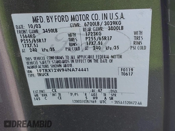 2004 Ford F-150 STX with VIN 1FTRX12W94NA74441, listed as a IAAI auction lot 42040740 with 174,740 mi miles and . Bid and sale history available at carsss.com. Image 9.