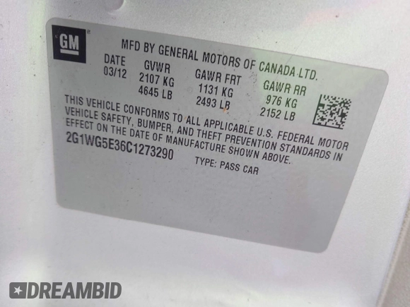 2012 Chevrolet Impala LT Fleet with VIN 2G1WG5E36C1273290, listed as a IAAI auction lot 42106008 with 228,871 mi miles and . Bid and sale history available at DreamBid. Image 9.