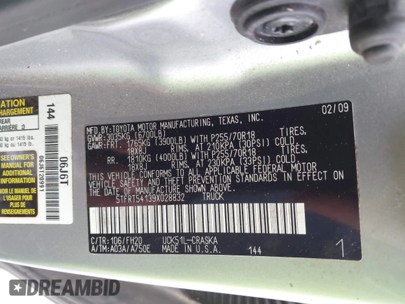 2009 Toyota Tundra SR5 with VIN 5TFRT54139X028832, listed as a IAAI auction lot 41277872 with Not Provided miles and . Bid and sale history available at DreamBid. Image 9.