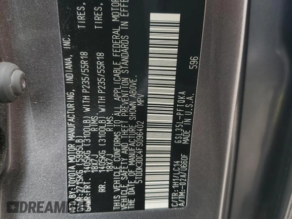 2015 Toyota Sienna Limited with VIN 5TDDK3DC4FS096402, listed as a Copart auction lot 59306665 with 117,012 mi miles and Salvage title. Bid and sale history available at DreamBid. Image 14.