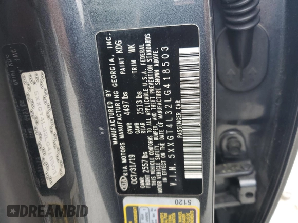 2020 Kia Optima LX with VIN 5XXGT4L32LG418503, listed as a Copart auction lot 54530305 with 198,593 mi miles and Salvage title. Bid and sale history available at DreamBid. Image 12.