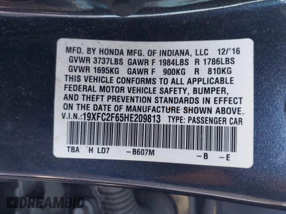 2017 Honda Civic Sedan LX with VIN 19XFC2F65HE209813, listed as a IAAI auction lot 41049476 with 61,482 mi miles. Bid and sale history available at carsss.com. Image 9.