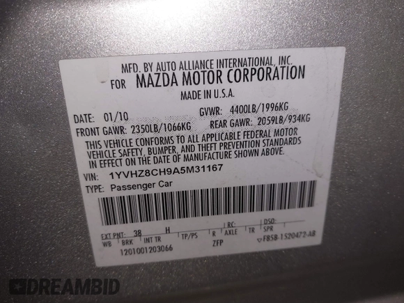 2010 Mazda 6 i Grand Touring with VIN 1YVHZ8CH9A5M31167, listed as a IAAI auction lot 41481910 with 200,692 mi miles and . Bid and sale history available at DreamBid. Image 9.