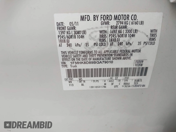2011 Ford Explorer XLT with VIN 1FMHK8D89BGA79010, listed as a IAAI auction lot 42094330 with 381,624 mi miles and . Bid and sale history available at DreamBid. Image 9.
