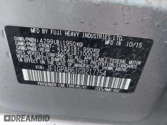 2016 Subaru Impreza Premium с VIN JF1GPAB61G8217754, выставлен на аукционе IAAI как лот 41100193 с пробегом 119 783 миль миль и . История ставок и продаж доступна на DreamBid. Изображение 9.