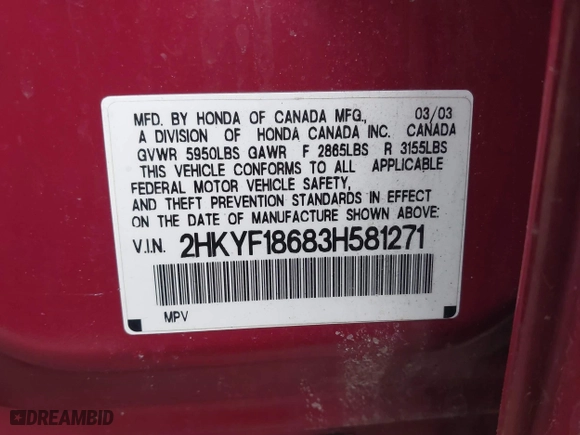 2003 Honda Pilot EX with VIN 2HKYF18683H581271, listed as a IAAI auction lot 41630651 with 173,536 mi miles. Bid and sale history available at carsss.com. Image 9.