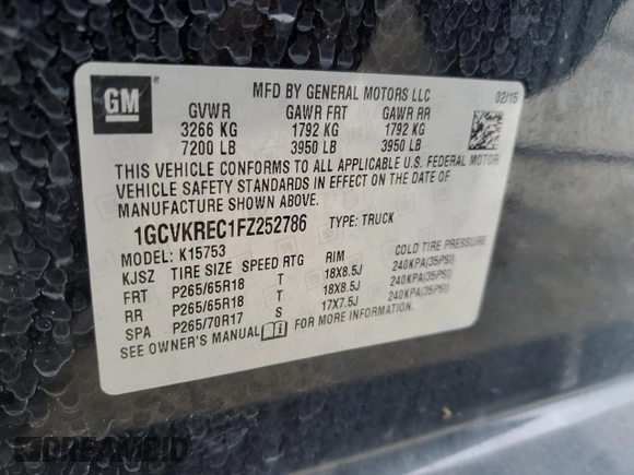 2015 Chevrolet Silverado 1500 LT with VIN 1GCVKREC1FZ252786, listed as a Copart auction lot 51010715 with 153,515 mi miles and Non Repairable. Bid and sale history available at DreamBid. Image 12.
