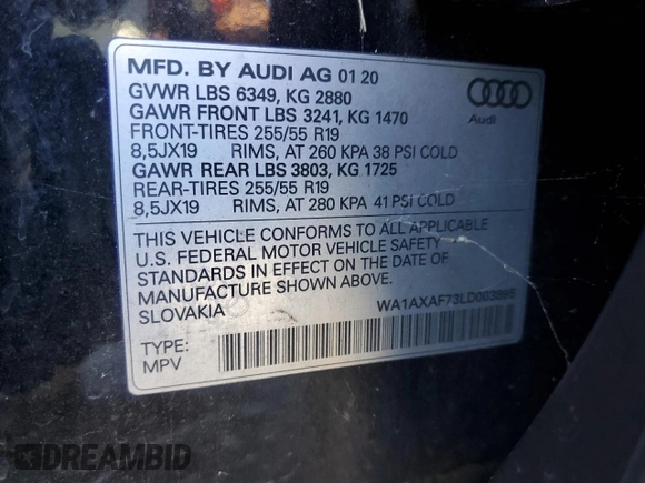 2020 Audi Q7 Premium with VIN WA1AXAF73LD003895, listed as a Copart auction lot 82873634 with 86,288 mi miles and Clean Title. Bid and sale history available at carsss.com. Image 13.