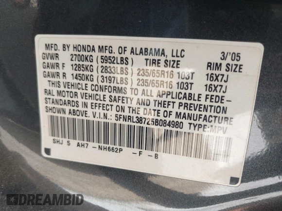 2005 Honda Odyssey EX-L with VIN 5FNRL38725B084980, listed as a IAAI auction lot 41917012 with 134,685 mi miles. Bid and sale history available at carsss.com. Image 9.