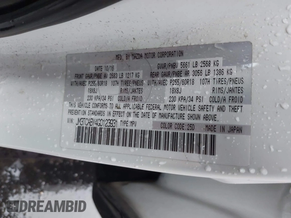 2016 Mazda CX-9 Sport with VIN JM3TCABY4G0123931, listed as a IAAI auction lot 41710045 with 161,109 mi miles. Bid and sale history available at carsss.com. Image 9.
