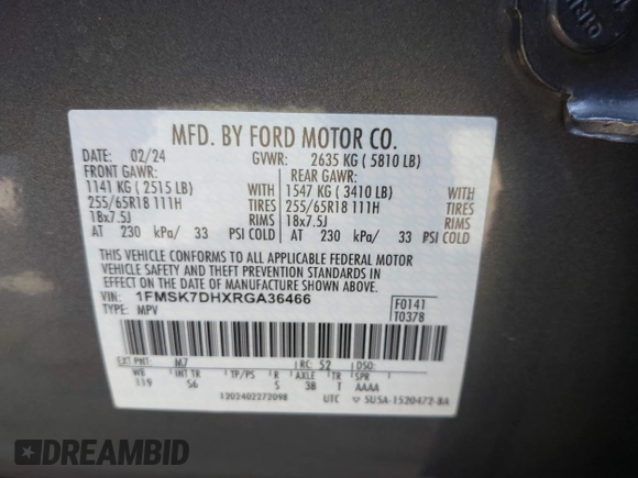 2024 Ford Explorer XLT z VIN 1FMSK7DHXRGA36466, wystawiony jako IAAI lot #42077049 z przebiegiem 8 634 mil mil oraz . Historia ofert i sprzedaży dostępna na DreamBid. Obrazek 9.