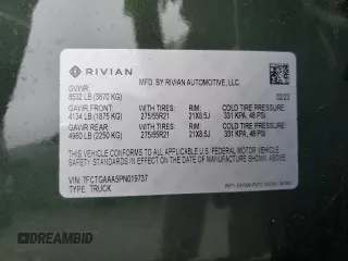 2023 Rivian R1T Adventure z VIN 7FCTGAAA5PN019737, wystawiony jako Copart lot #57290475 z przebiegiem Nie podano mil oraz Nie do naprawy. Historia ofert i sprzedaży dostępna na DreamBid. Obrazek 12.
