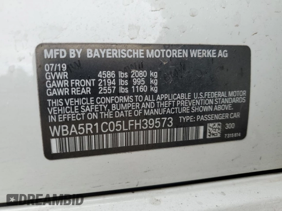 2020 BMW 3 Series 330i z VIN WBA5R1C05LFH39573, wystawiony jako Copart lot #54557935 z przebiegiem Nie podano mil oraz Szkoda całkowita • Salvage title. Historia ofert i sprzedaży dostępna na DreamBid. Obrazek 12.