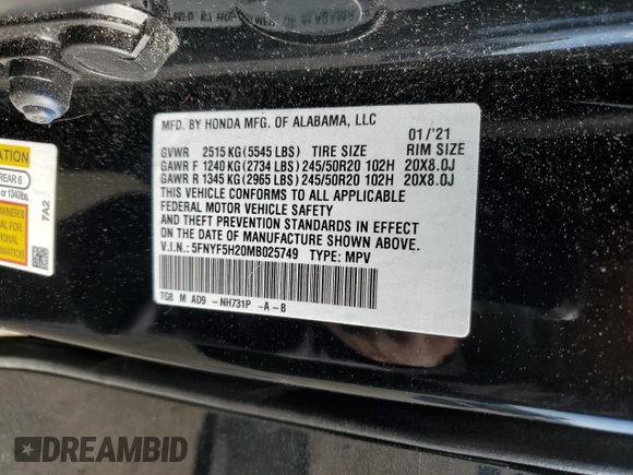 2021 Honda Pilot Special Edition with VIN 5FNYF5H20MB025749, listed as a Copart auction lot 50597185 with 46,173 mi miles and Salvage Title. Bid and sale history available at DreamBid. Image 13.