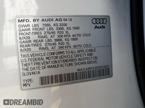 2013 Audi Q7 Premium Plus with VIN WA1LMBFE3DD015021, listed as a Copart auction lot 66894464 with 153,741 mi miles and Salvage title. Bid and sale history available at DreamBid. Image 14.