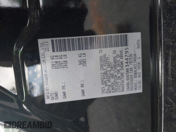 2024 Nissan Altima SV with VIN 1N4BL4DV3RN344795, listed as a IAAI auction lot 42191012 with 35,225 mi miles and . Bid and sale history available at DreamBid. Image 9.