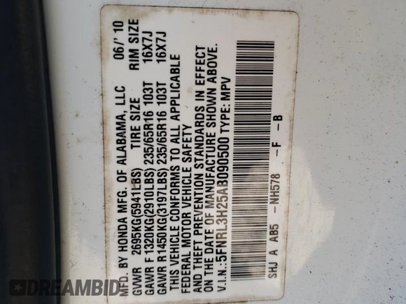 2010 Honda Odyssey LX с VIN 5FNRL3H25AB090500, выставлен на аукционе Copart как лот 48148265 с пробегом 57 537 миль миль и Списание • Salvage title. История ставок и продаж доступна на DreamBid. Изображение 13.