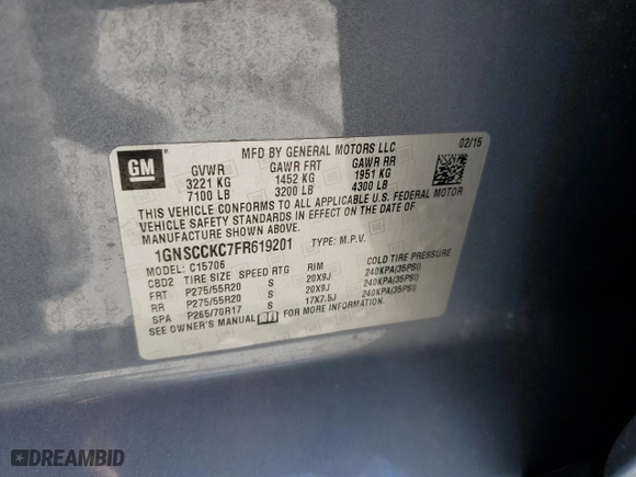 2015 Chevrolet Tahoe LTZ with VIN 1GNSCCKC7FR619201, listed as a Copart auction lot 49460205 with 75,049 mi miles and Salvage Title. Bid and sale history available at carsss.com. Image 16.