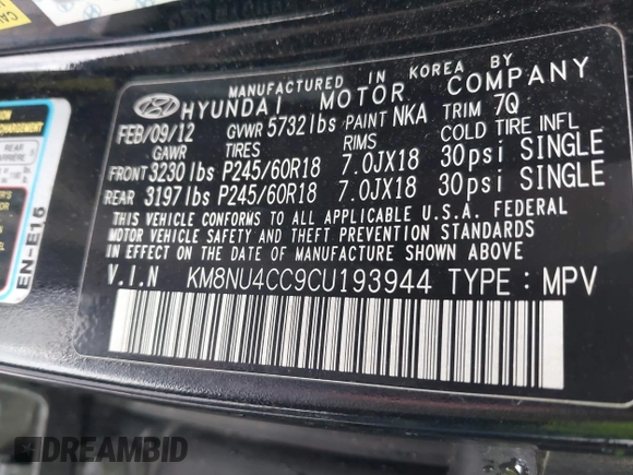 2012 Hyundai Veracruz Limited с VIN KM8NU4CC9CU193944, выставлен на аукционе IAAI как лот 42175764 с пробегом 102 670 миль миль и . История ставок и продаж доступна на DreamBid. Изображение 9.