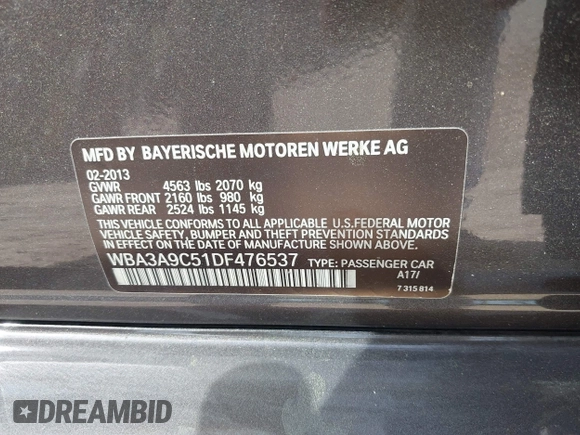 2013 BMW 3 Series 335i with VIN WBA3A9C51DF476537, listed as a IAAI auction lot 41900742 with 184,094 mi miles and . Bid and sale history available at DreamBid. Image 9.