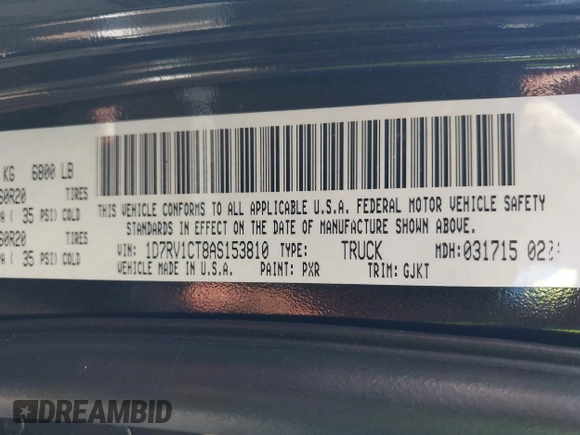 2010 Dodge 1500 Sport with VIN 1D7RV1CT8AS153810, listed as a IAAI auction lot 42095877 with 160,383 mi miles and . Bid and sale history available at carsss.com. Image 9.