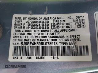 2011 Honda CR-V EX with VIN 5J6RE4H59BL078918, listed as a IAAI auction lot 41951267 with 199,530 mi miles and . Bid and sale history available at carsss.com. Image 9.
