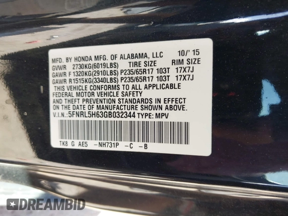 2016 Honda Odyssey EX-L with VIN 5FNRL5H63GB032344, listed as a IAAI auction lot 41830993 with 253,182 mi miles and . Bid and sale history available at DreamBid. Image 9.