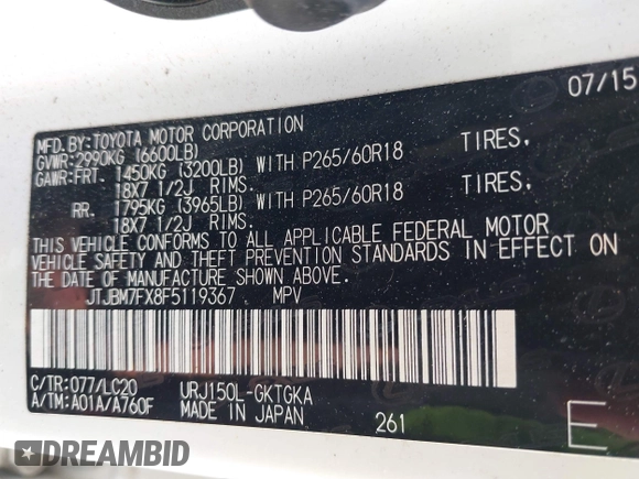 2015 Lexus GX 460 with VIN JTJBM7FX8F5119367, listed as a IAAI auction lot 42453473 with 142,000 mi miles and . Bid and sale history available at DreamBid. Image 9.