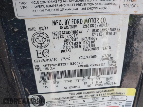 2014 Ford F-150 XL with VIN 1FTFW1ET2EFB20579, listed as a IAAI auction lot 41434191 with 159,874 mi miles. Bid and sale history available at carsss.com. Image 9.